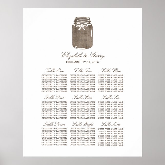 Poster Schéma de siège Mariage de la jarre de Burlap Rust (Devant)