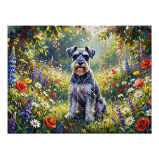 Poster Schnauzer dans une prairie de fleurs sauvages