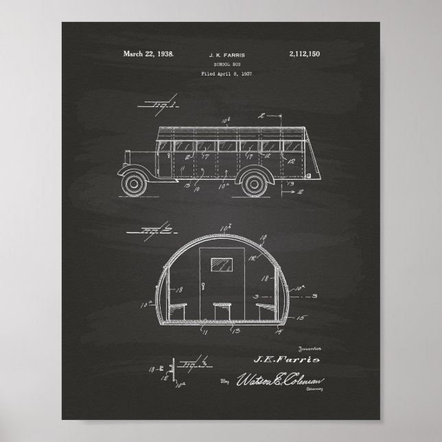 Poster School Bus 1937 Patent Art Chalkboard (Devant)