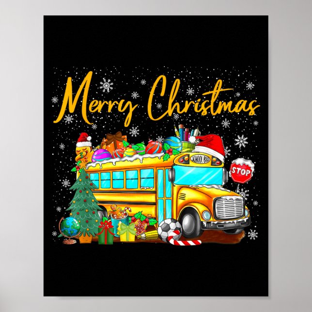 Poster School Bus Driver Santa Hat Merry Christmas Tree M (Devant)