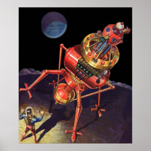 Poster Science-fiction vintage d'astronaute avec robot al