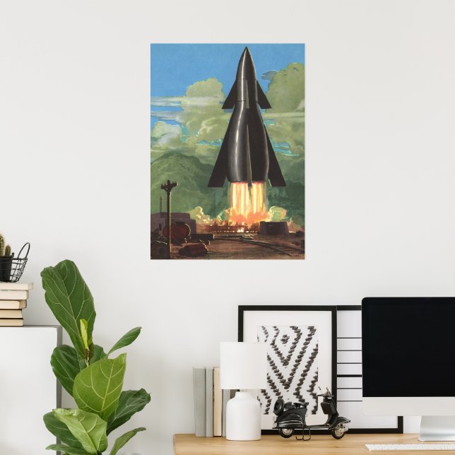 Poster Science-fiction vintage, fusée décollant de la Ter (Bureau à domicile)