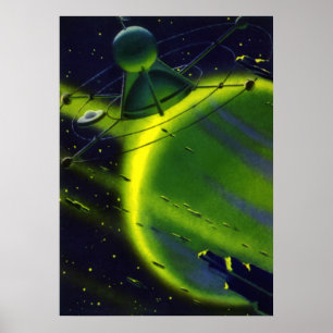 Poster Science-fiction vintage Planète verte avec vaisse