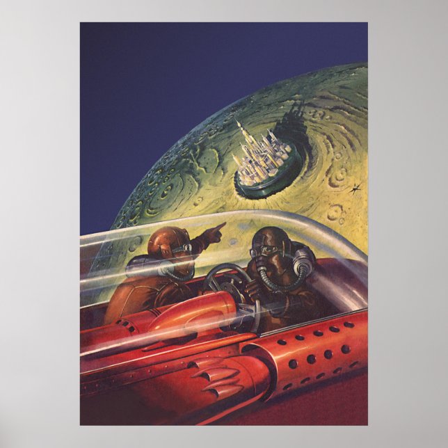 Poster Science-fiction vintage, ville futuriste sur la lu (Devant)
