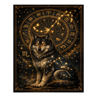 Poster Scorpio Wolf Zodiac Wheel Constellation Celestial 