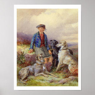 Poster Scottish boy with wolfhounds in a Highland landsca