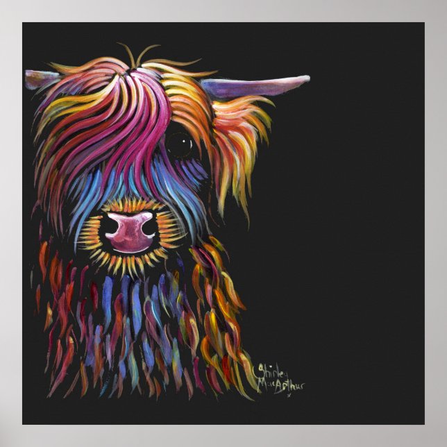 Poster Scottish Highland Cow ' FLoWER PoT ' par Shirley M (Devant)