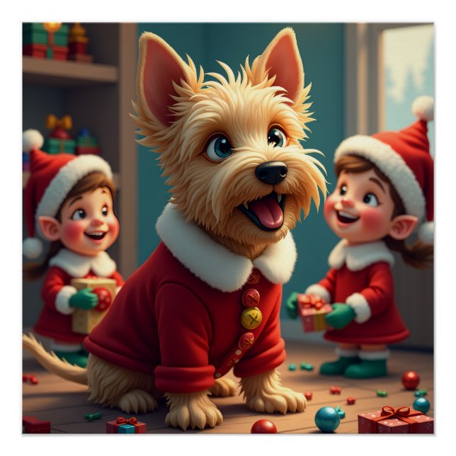 Poster Scottish Terrier Helping Santa’s Elves Christmas (Devant)