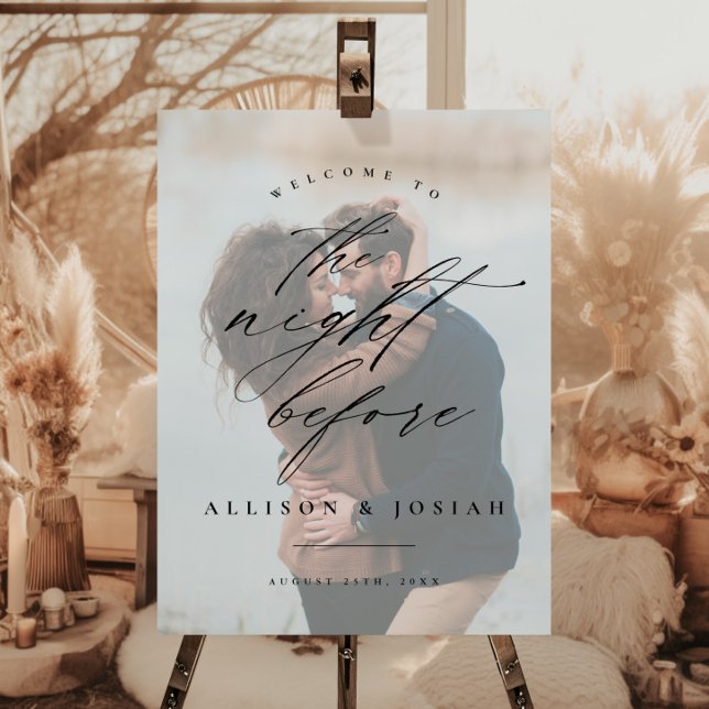 Poster Script Bienvenue la Nuit Avant le Dîner de Répétit (Simple photo rehearsal dinner wedding welcome poster. Available as a printed poster or a download.)