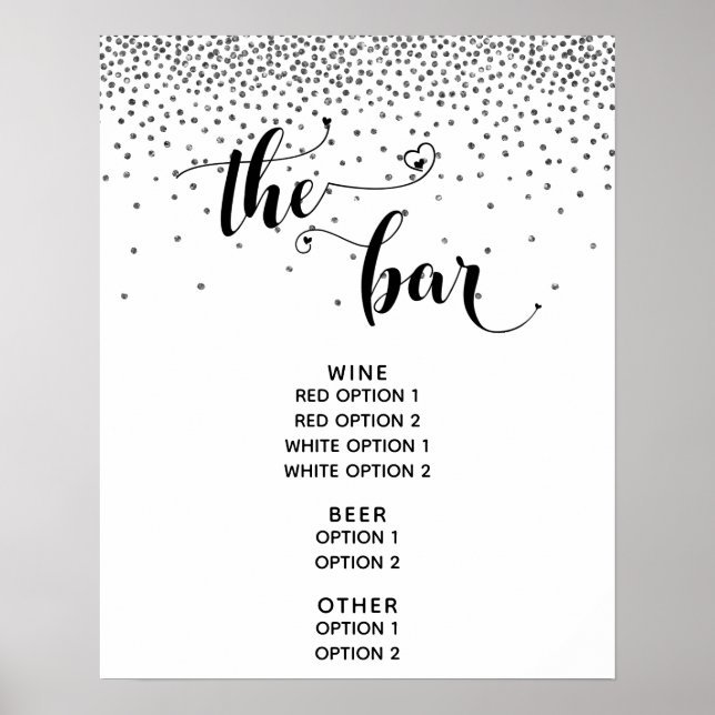 Poster Script Coeur & Confetti Argent "The Bar" Menu Sign (Devant)