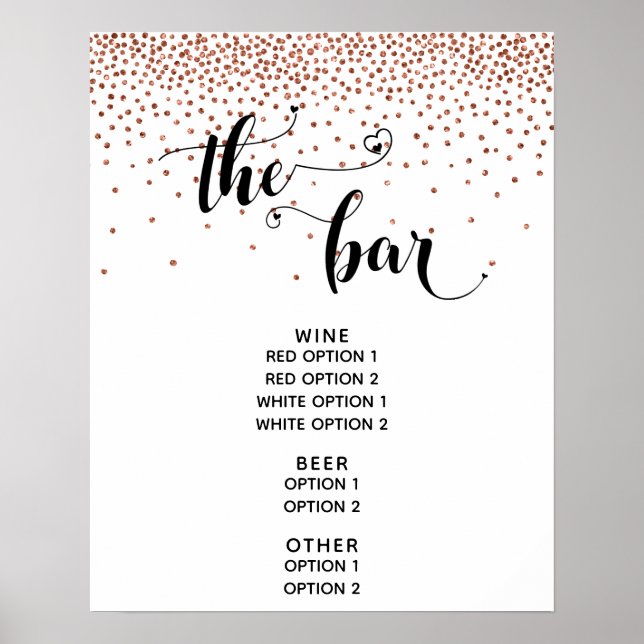 Poster Script Coeur & Confetti Cuivre "The Bar" Menu Sign (Devant)