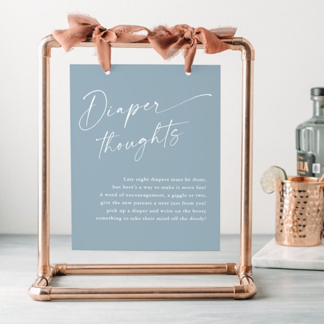 Poster Script moderne Pensées de couche Baby shower bleu (Modern script busty blue diaper thoughts boy baby shower sign.)