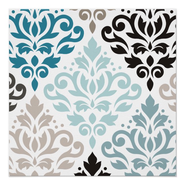 Poster Scroll Damask XLg Motif Art Teals Browns White (Devant)