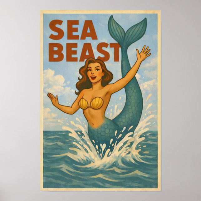 Poster Sea Beast Retro Mermaid | Funny Coastal Beach Art (Devant)