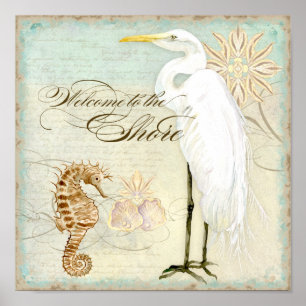 Poster Sea Horse, Great Egret Coastal Beach - Art