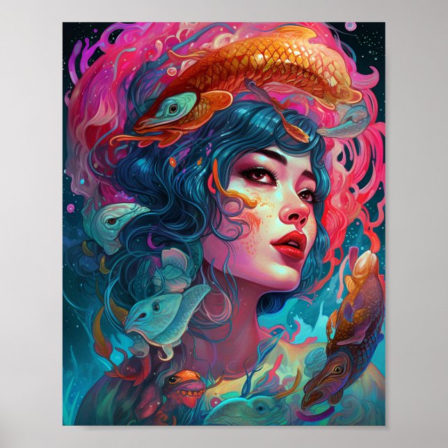 Poster Sea Serpent Hair Lady Imaginaire Art (Devant)