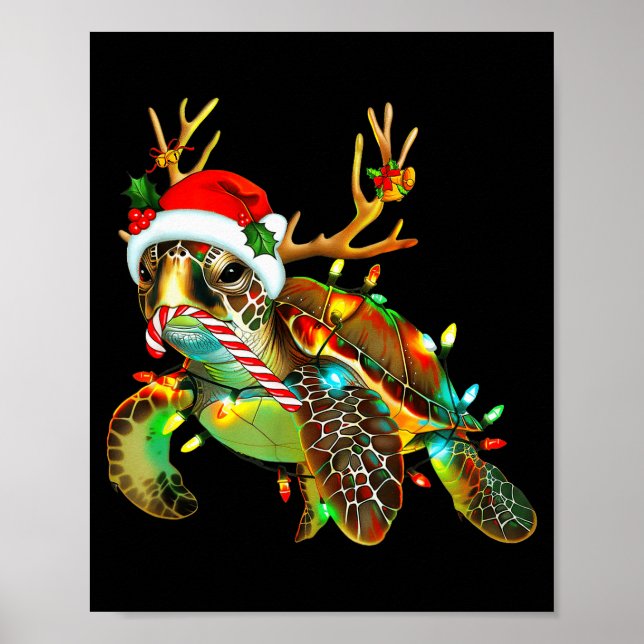 Poster Sea Turtle Christmas Lights Santa Hat Merry Christ (Devant)