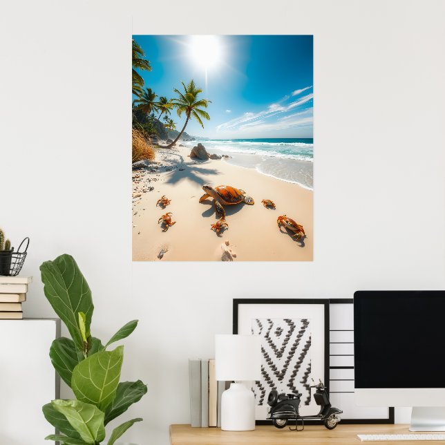 Poster Sea Turtle & Crabs on Tropical Beach – Serene Ocea (Bureau à domicile)