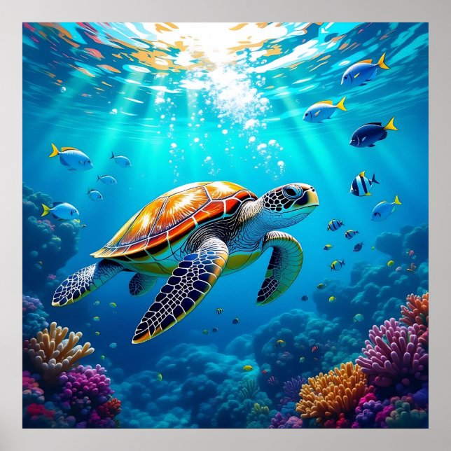 Poster Sea Turtle Vibrant Colorful Underwater Scene (Devant)
