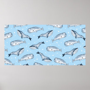 Poster Seamless pattern with cute whales and stars. Water