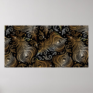 Poster Seamless pattern with peacock feathers. Freehand d
