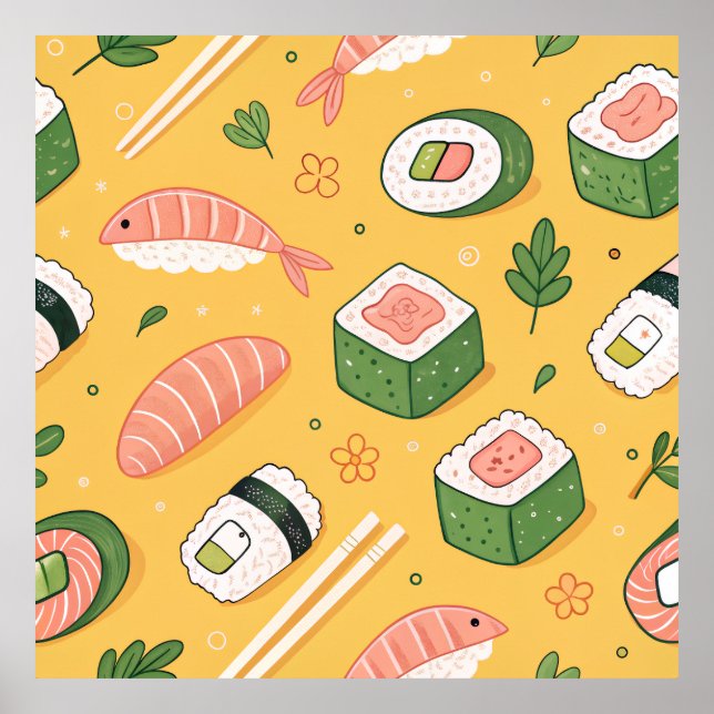Poster Seamless Sushi Pattern – Cute Japanese Food  (Devant)