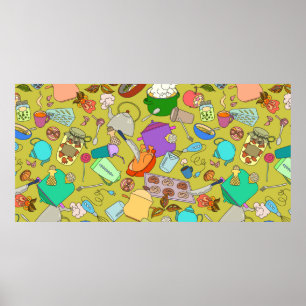 Poster Seamless texture. Hand drawn doodles objects food