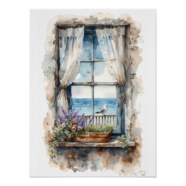 Poster Seaside Window View Watercolor Coastal Scene (Devant)