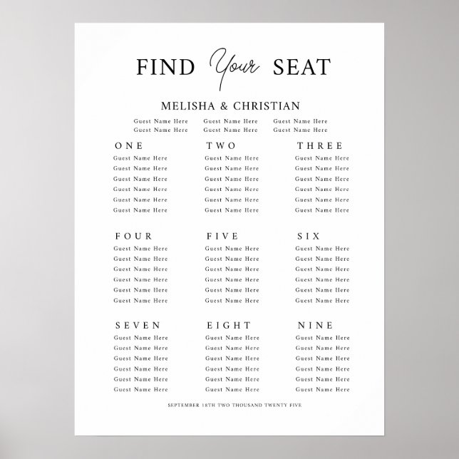 Poster Seating plan 9 tables Wedding (Front)