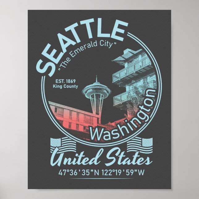 POSTER SEATTLE CITY ICON - WASHINGTON VINTAGE (Devant)
