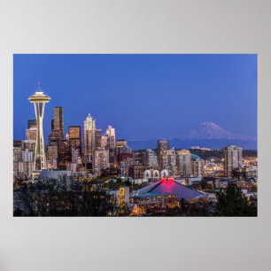 Poster Seattle, Downtown and Mt. Rainier at Twilight