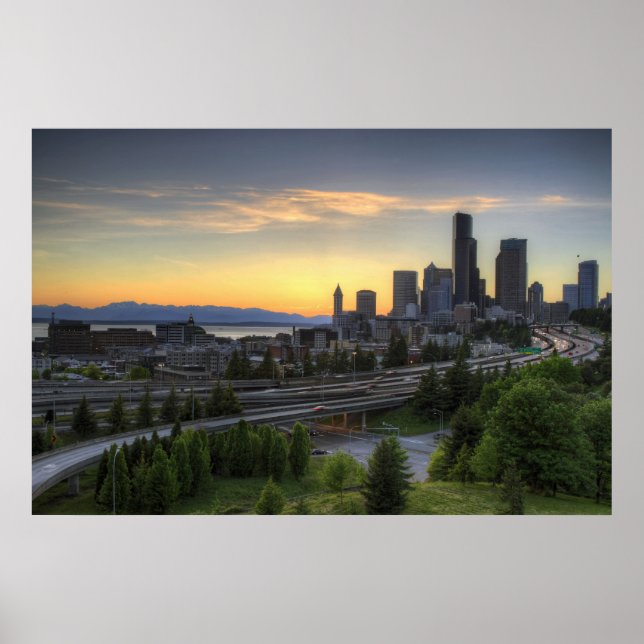 Poster Seattle Downtown Skyline à Sunset (Devant)