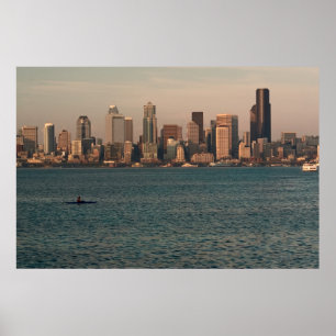 Poster Seattle Skyline au coucher du soleil avec Kayaker 