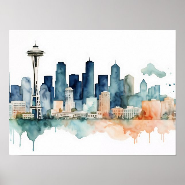 Poster Seattle Skyline in Watercolor hues (Devant)