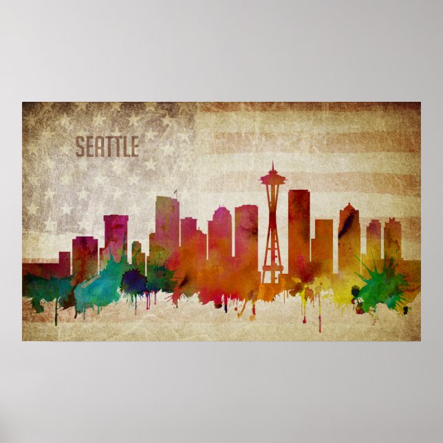 Poster Seattle, WA | Aquarelle Ville Skyline (Devant)