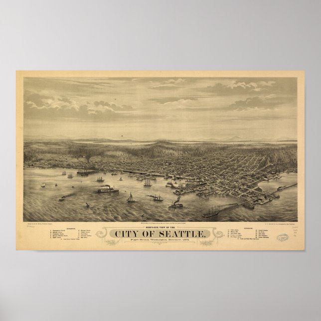 Poster Seattle Washington 1878 Antique carte panoramique (Devant)
