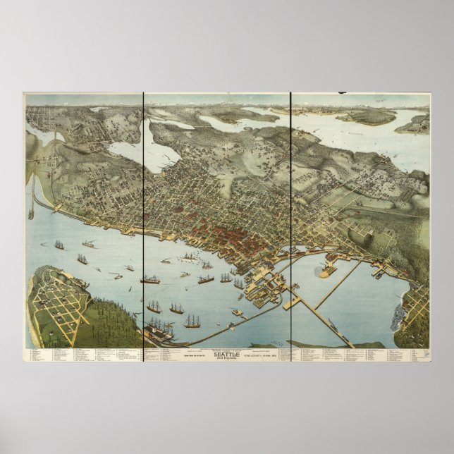 Poster Seattle Washington 1891 Antique carte panoramique (Devant)