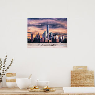 Poster Seattle, Washington Cityscape, Labellisé,