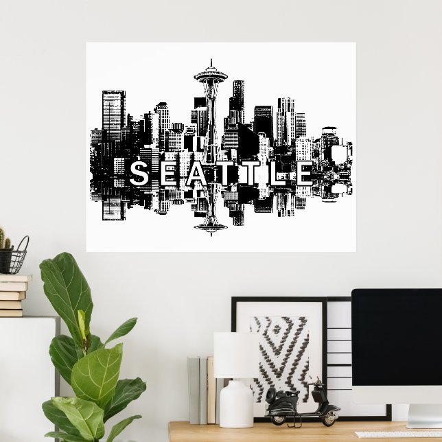 Poster Seattle, Washington en noir et blanc (Bureau à domicile)