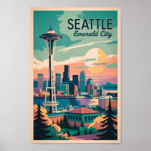 Poster Seattle Washington Skyline Travel Art Vintage