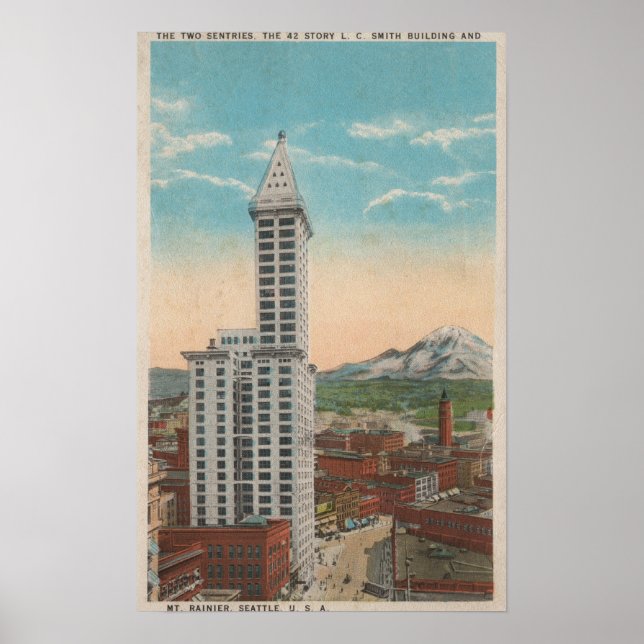 Poster Seattle, WASmith Tower View & Mt Rainier (Devant)