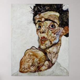 Poster Self-portrait with raised bare shoulder by Schiele