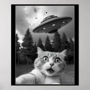 Poster Selfie de chat drôle avec des drones Aliens UFO