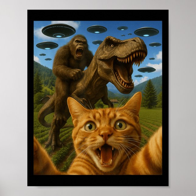 Poster Selfie De Chat Graphique Drôle Avec T-rex À Riding (Devant)