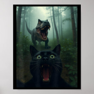Poster Selfie De Chat Noir Drôle Avec Forêt De Dinosaure 