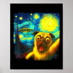 Poster Selfie de Pug avec un alien UFO drôle nuit étoilée