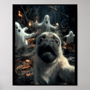 Poster Selfie de Pug drôle avec des fantômes dans une for