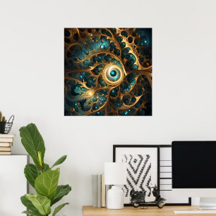 Poster Sens De La Vue Turquoise Et Or Fractée Art Abstrai