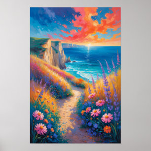 Poster Sentier côtier coloré avec fleurs et vue sur l'océ