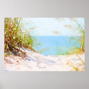 Poster Sentier de plage Océan Herbe Aquarelle